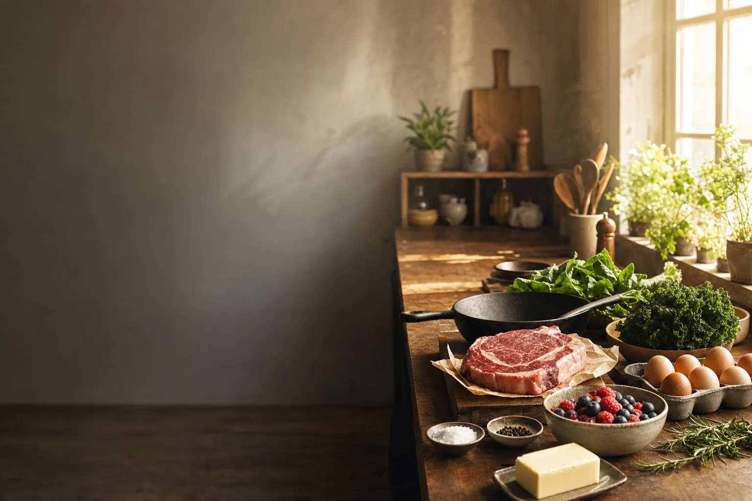 Whole foods on a wooden kitchen counter in warm morning light